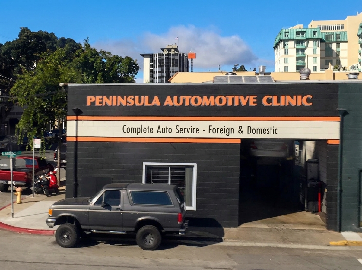 Peninsula Automotive Clinic storefront and sign on 7th Avenue, San Mateo